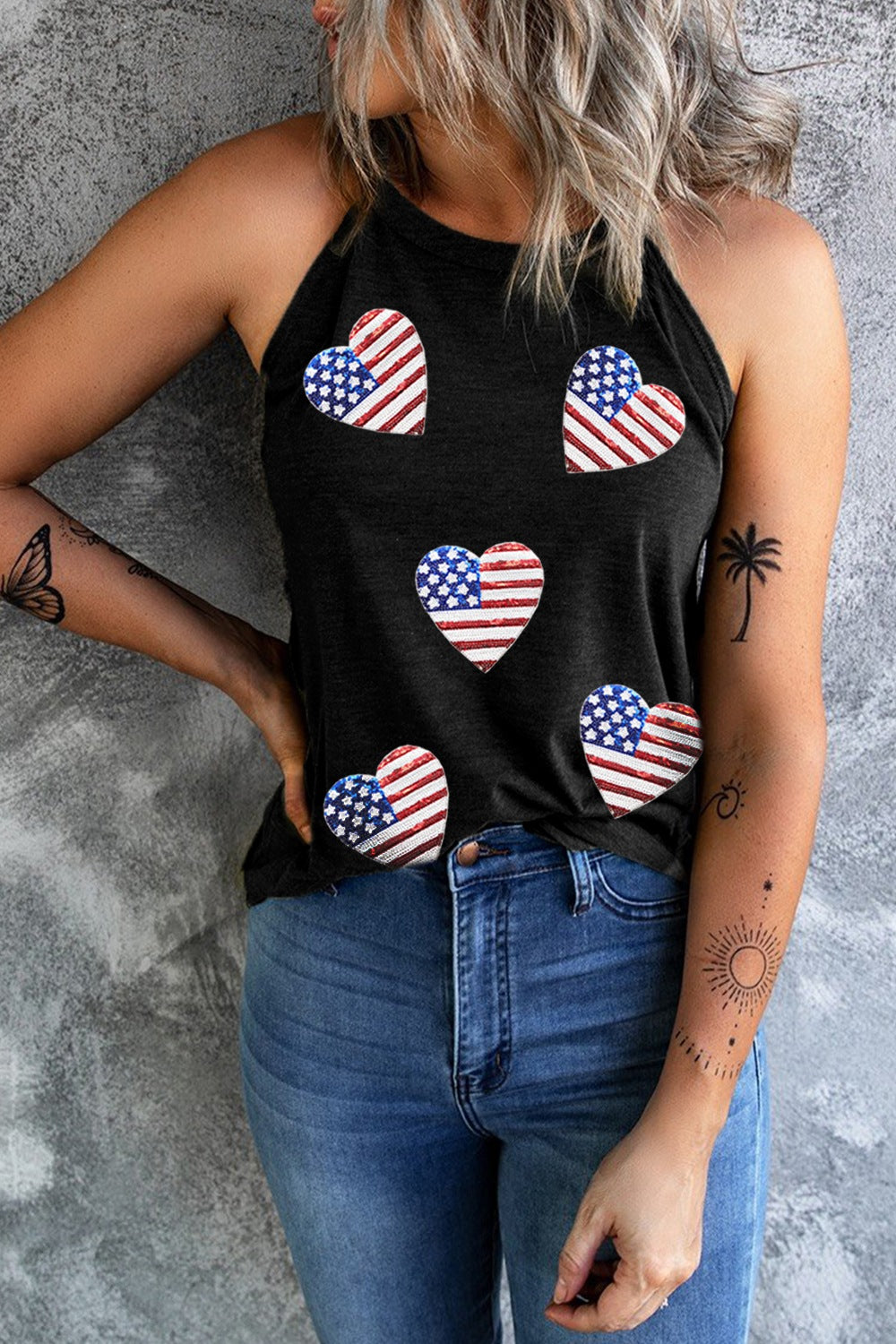 Heart US Flag Round Neck Grecian Neck Tank