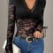 Perfee Lace V-Neck Long Sleeve Bodysuit