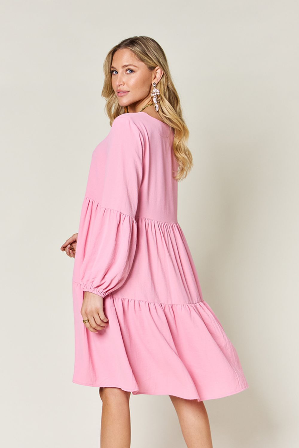 Double Take Full Size V-Neck Balloon Sleeve Tiered Dress