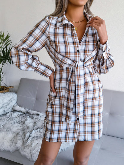 Tied Plaid Long Sleeve Mini Shirt Dress