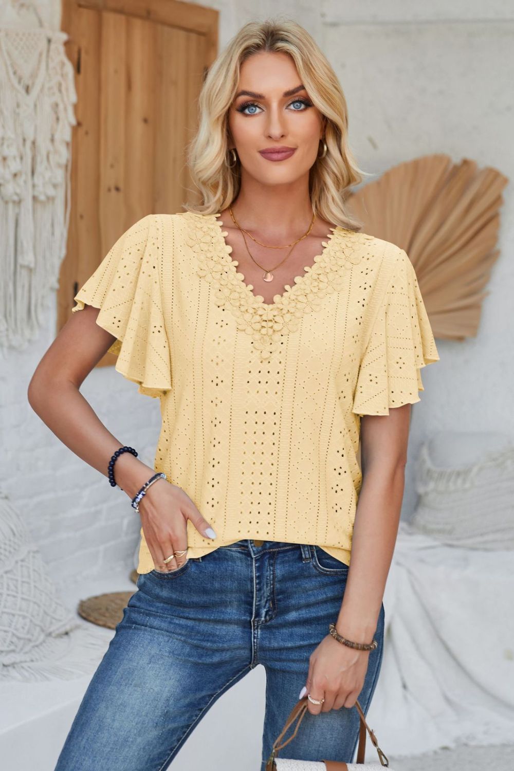 Eyelet Applique V-Neck Cap Sleeve T-Shirt