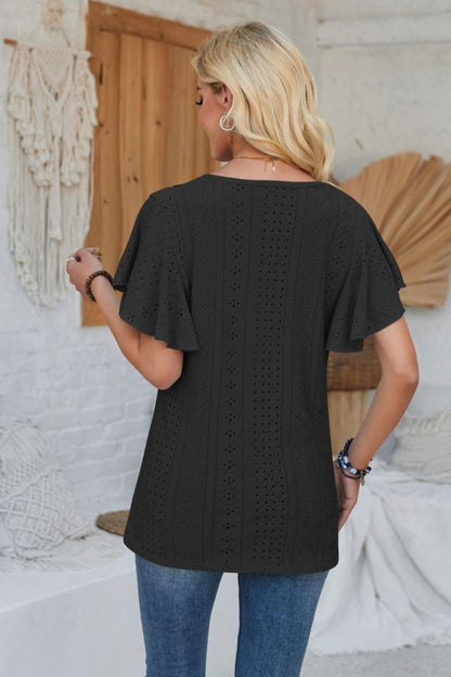 Eyelet Applique V-Neck Cap Sleeve T-Shirt