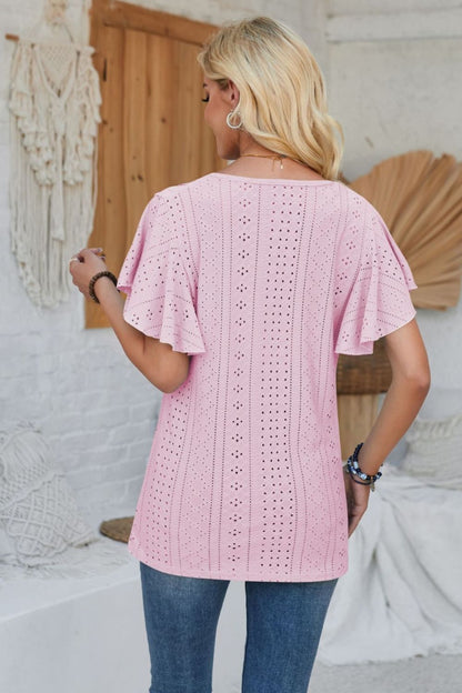 Eyelet Applique V-Neck Cap Sleeve T-Shirt